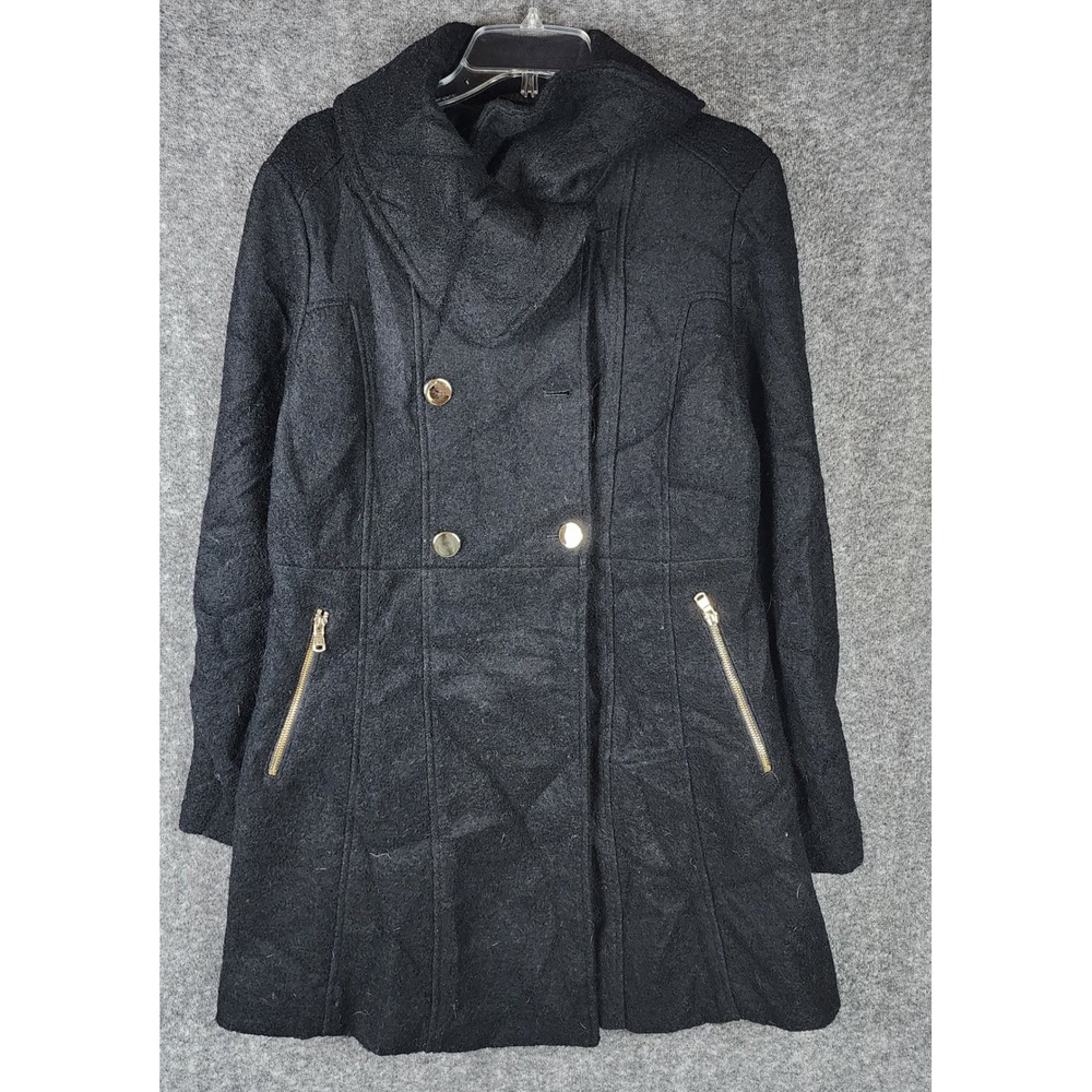 Liz Claiborne Coat Womens Medium Peacoat Black Wool Blend Funnel Neck Zip Pocket